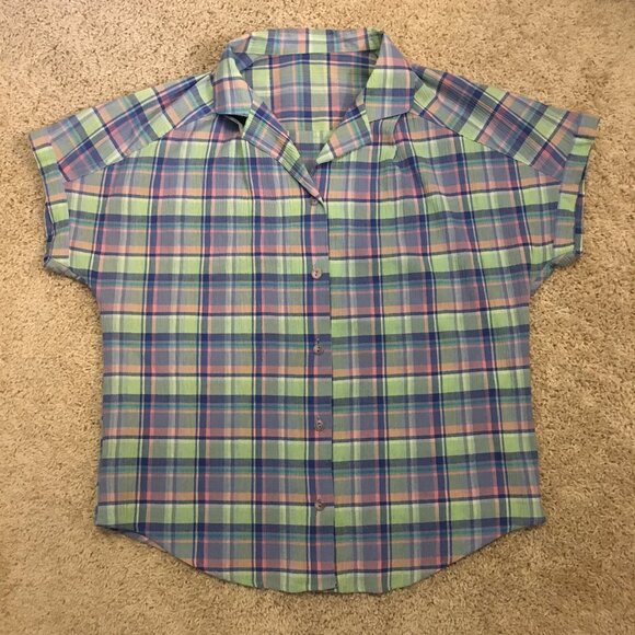 Plaid Pastelcore Seersucker Button Down Short Sleeve Top - Picture 12 of 16